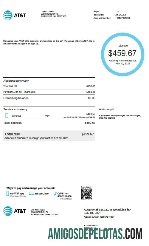 Em branco modelo de fatura de serviços públicos da AT&T dos EUA em formatos Word e PDF, versão 3